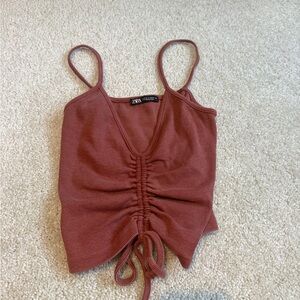Zara Brown Ruched Tank Top with Tie Front